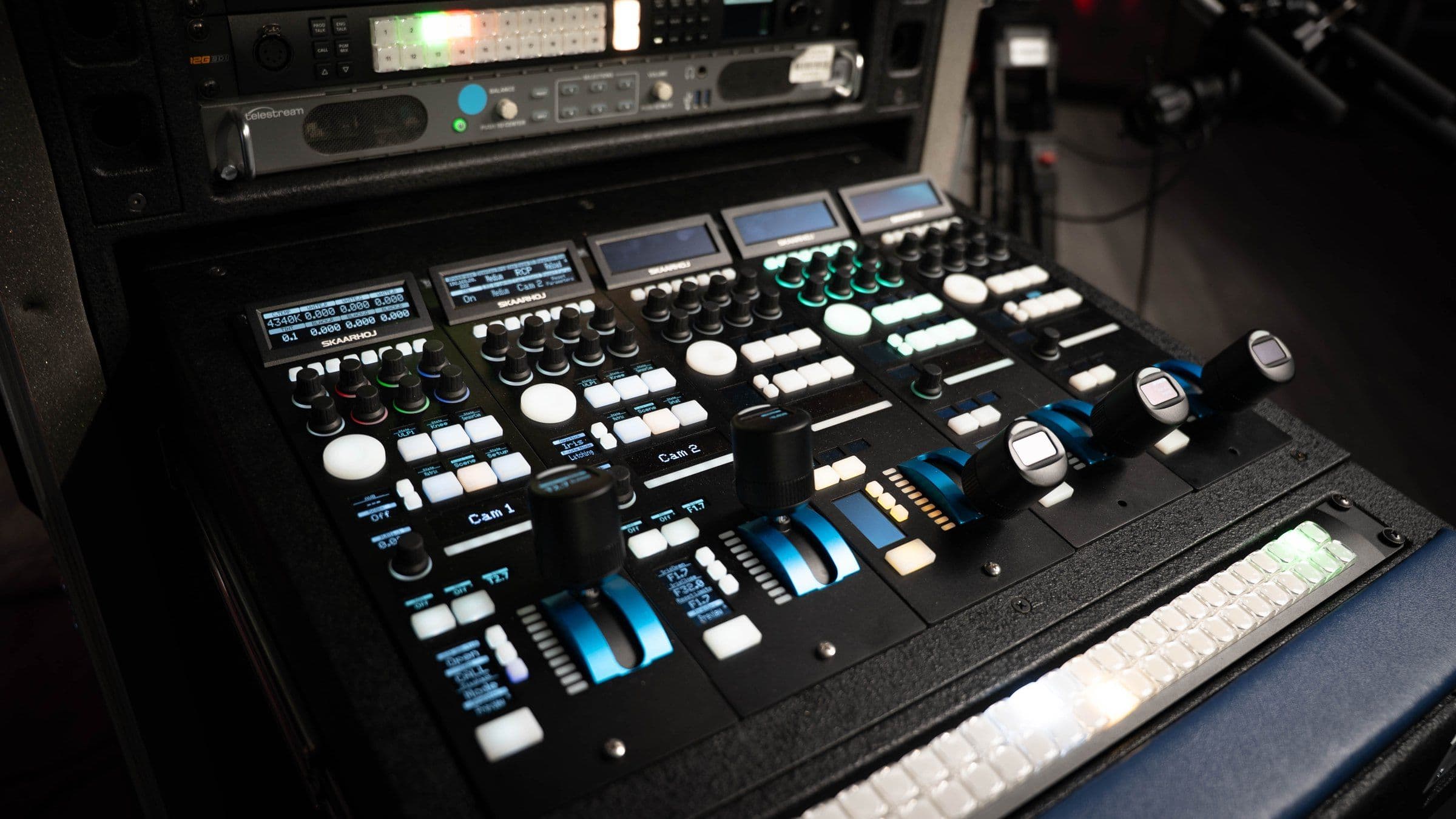 Four Skaarhoj RCP control channels in the LMG Cine Shader Rack, each labelled per camera with iris levers, joysticks and colour temperature readouts.